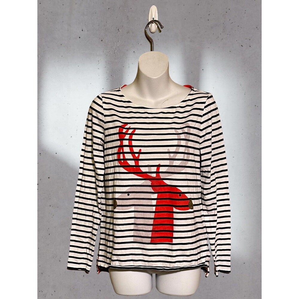 Boden Christmas Reindeer Breton Black & White Striped Top Size 8 EUC